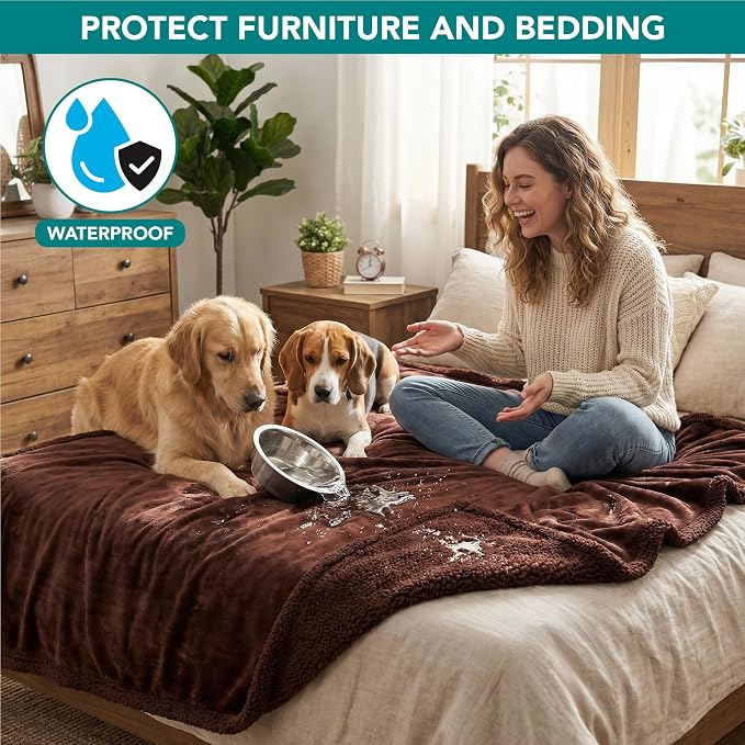 PetAmi Waterproof Dog Blanket for Large Dog Cat Pet, 60x80, Brown Sherpa | 460 GSM Sherpa Fleece Reversible, Pee Proof, Furniture Protector Cover for Couch Sofa Bed Kennel, Washable, Extra Large