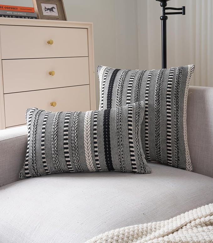 Cethom Boho Throw Pillow Covers 18x18 Inch Set of 2, Farmhouse Decorative Couch Pillow Cases, Black Accent Pillows of Bed, Sofa Bedroom Living Room Home Decor Cushion Cover