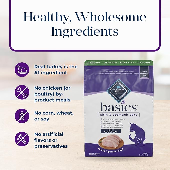 Blue Buffalo Basics Turkey Grain-Free Dry Cat Food, 11 lb | Skin & Stomach Care, Real Turkey #1 Ingredient, Limited Ingredient Diet, Antioxidant-Rich LifeSource Bits, Skin & Coat Health