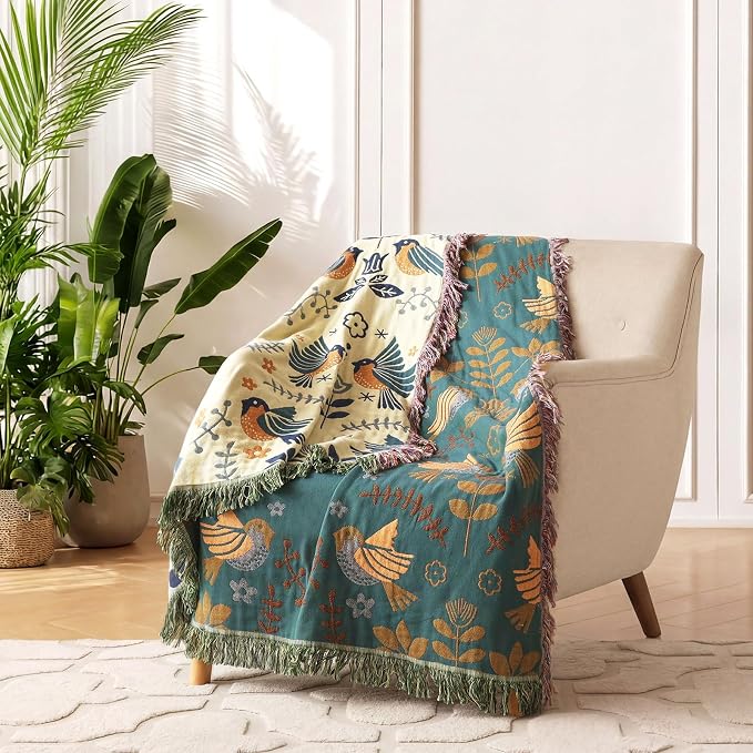LUTBM Boho Throw Blanket for Couch 50"x60", 100% Cotton Soft Bed Blankets | Reversible Floral Birds Embroidery Throws, All-Season, For Chair Sofa Living Room Bedroom, Lightweight Breathable, Home Decor