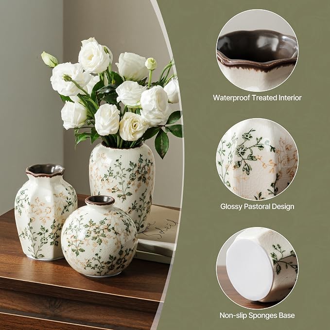Ceramic Flower Small Vase for Home Decor, Vintage Green Vase Set of 3 | Rustic Farmhouse Floral Vase for Mantel, Coffee Table, Living Room, Kitchen, Bookshelf, Entryway, Wedding Centerpiece