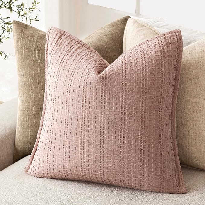 Foindtower Set of 2 Decorative Cotton Waffle Weave Throw Pillow Covers Euro Shams Cushion Covers Accent European Pillowcase for Bed Couch Sofa Bedroom Living Room Home Decor 20×20 Inch Dusty Pink
