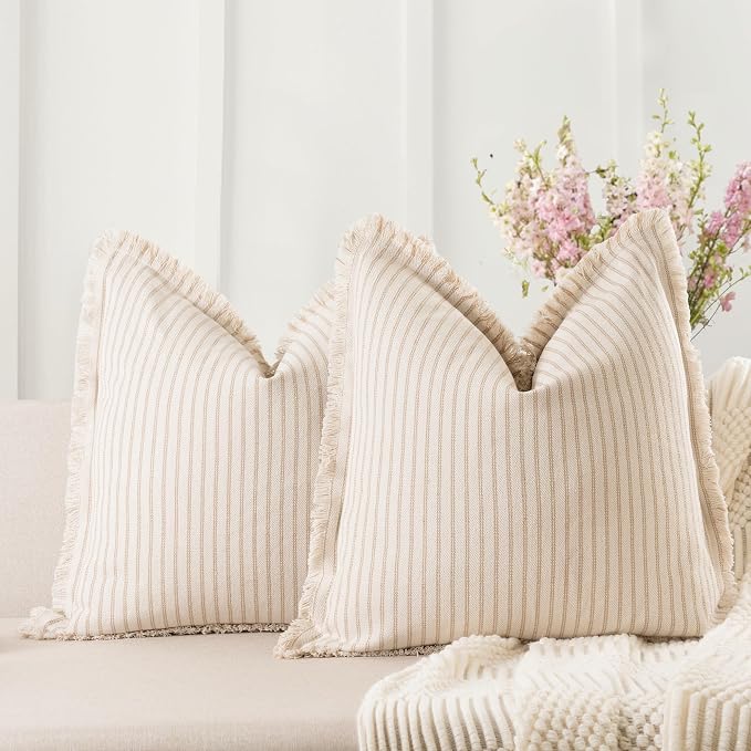 Throw Pillow Covers 22x22 Set of 2 Striped Pillow Covers with Fringe Chic Cotton Decorative Pillows Square Cushion Covers for Sofa Couch Bed Living Room Farmhouse Decor, (Khaki)