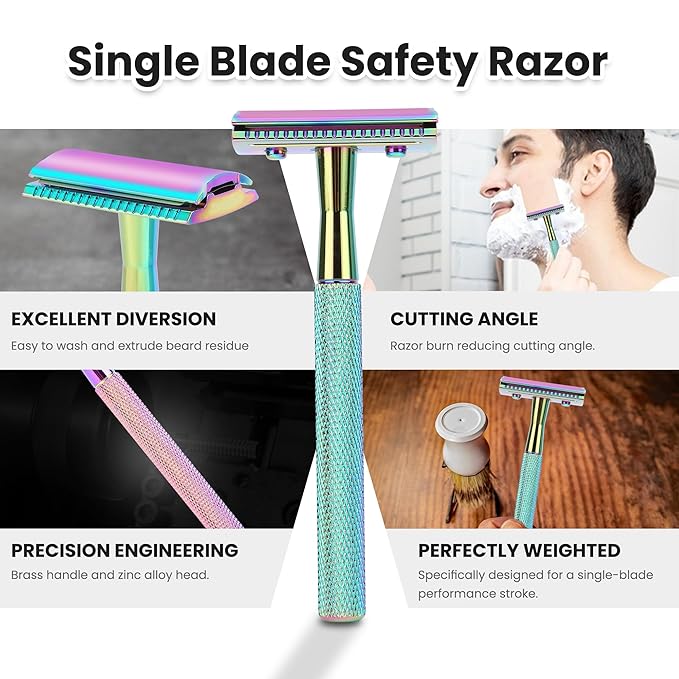 Keropy One Blade Safety Razor With Stand and 10 Premium Stainless Steel Reusable Safety Razor For Men and Women, Single Blade Safety Razors, Rainbow