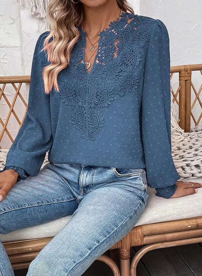 Womens Tops Swiss Dot Boho Long Sleeve Shirts V Neck Casual Chiffon Blouses Flowy Lace Hem Cute Clothing Trendy 2026