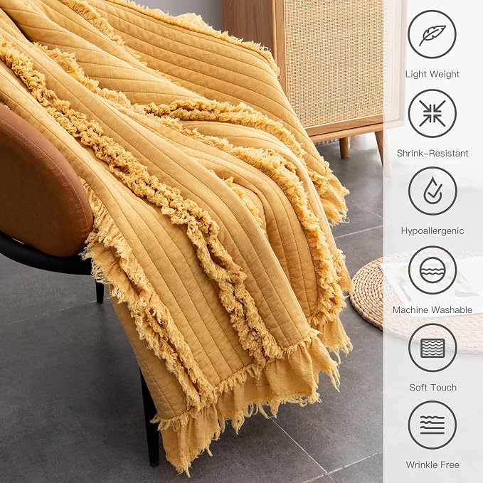 Ultra Soft Pre-Washed Warm Quilted Throw Blanket, Ruffle Fringed Yellow Boho Decorative Throw, Stone Washed Chic Rustic Blanket for Sofa Couch Bed Chair, 50"x 60"