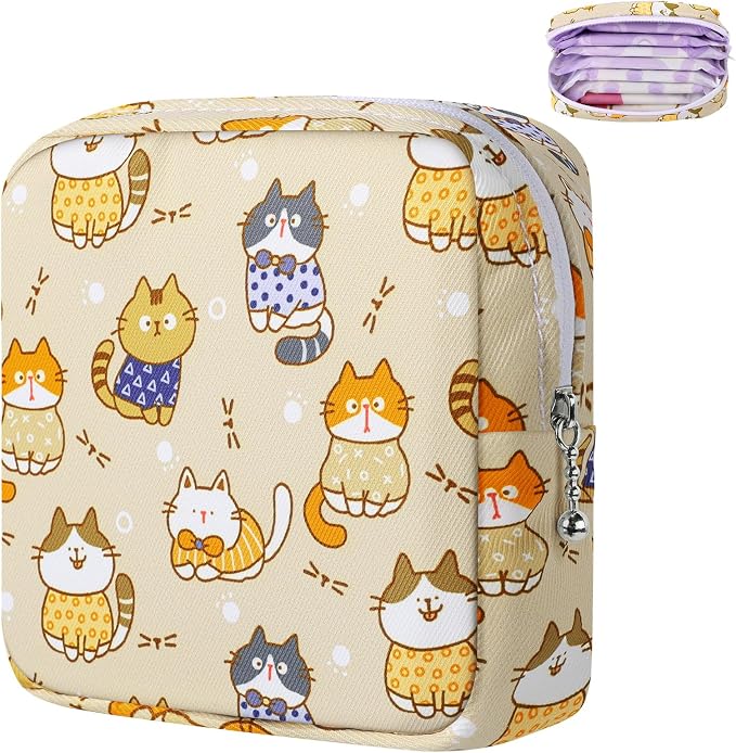 Likesing Period Bag Pouch, Canvas Sanitary Napkin Storage Bag for Girls Womens, Portable Sanitary Napkin Period Pad Pouch for Purse, Small Make Up Bags(Khaki Cat)
