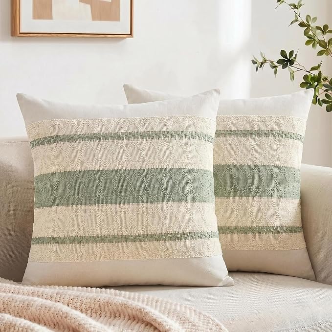 Fancy Homi Set of 2 Sage Green Boho Small Decorative Throw Pillow Covers 14x14 Inch for Living Room Bedroom Couch Bed Sofa, Rustic Retro Cushion Case, Bohemian Room Home Decor, Women Teen Girls Gift