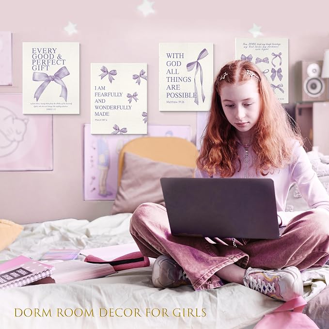 LARTSFRO Coquette Purple Bow Canvas Wall Art Decor Prints Posters, Purple Bow Room Bedroom Bathroom Dorm Wall Art Decor Aesthetic for College Teen Girls Gifts, Inspirational Bible Verses Bow Wall Decor, 11x14 Inch Set of 4 Pcs Bow Pictures (Canvas Fram...
