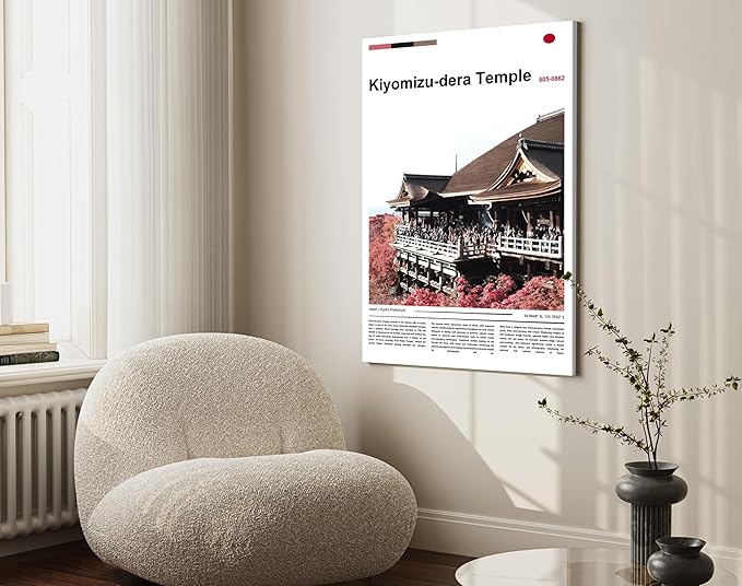 Poster Kiyomizu-dera Temple Wall Art Original Design(17"x11" Wrapped Canvas)Kyoto Japan Pagoda Print Autumn Red Maple Leaf Landscape Scenery Buddhist Shrine Zen Culture Travel Landmark Series Picture