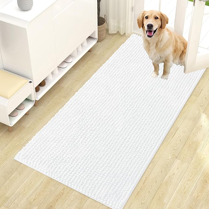 OLANLY Dog Door Mat for Muddy Paws 47x24, Extra Absorbent Chenille Mud Mat | White, Absorbs Moisture and Dirt, Non-Slip Machine Washable Doormat, Quick-Drying Indoor Entryway Floor Mat for Dogs