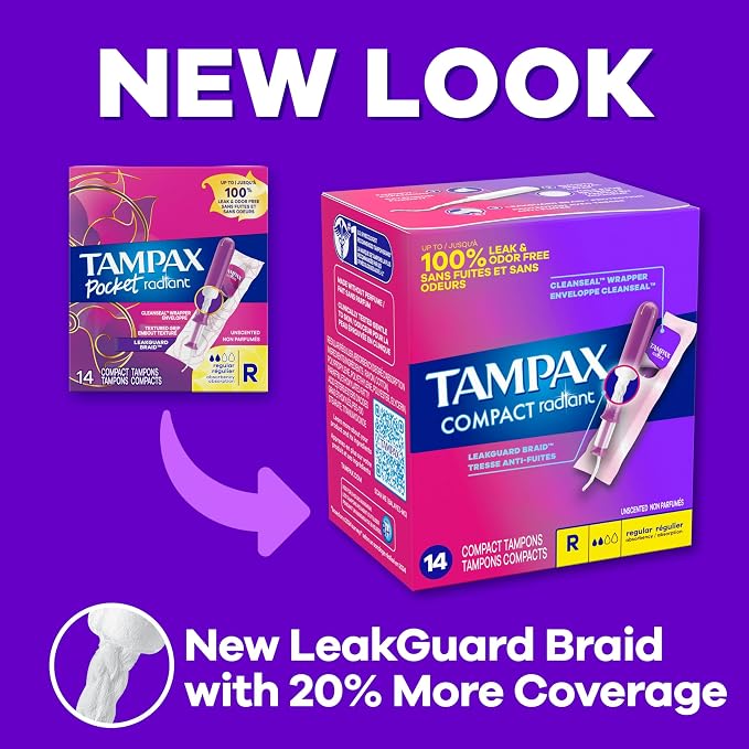 Tampax Compact Radiant Tampons for Women Multipack, with LeakGuard Braid & Extendable Applicator, Regular/Super Absorbency, Unscented, 84 Count (Pack of 2)