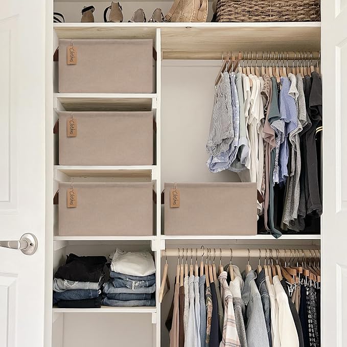 CHICVITA 4-Pack Large Fabric Storage Bins for Shelves, Handles, Brown | 16 ¾" L x 11" W x 9¾" H, Collapsible Design, Clothes, Toys & Books Storage, Closet, Bedroom & Living Room Organization