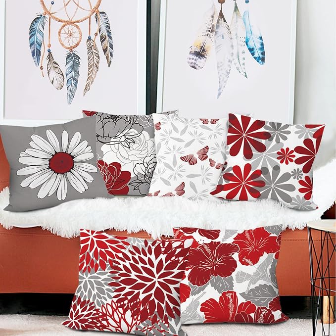 Red Grey Throw Pillow Covers 20x20 Set of 6, Dasiy Floral Home Decor | red floral, decorative cushion cover, Breathable Linen, Large Throw Pillow Size, Spring Christmas Couch Sofa Living Room