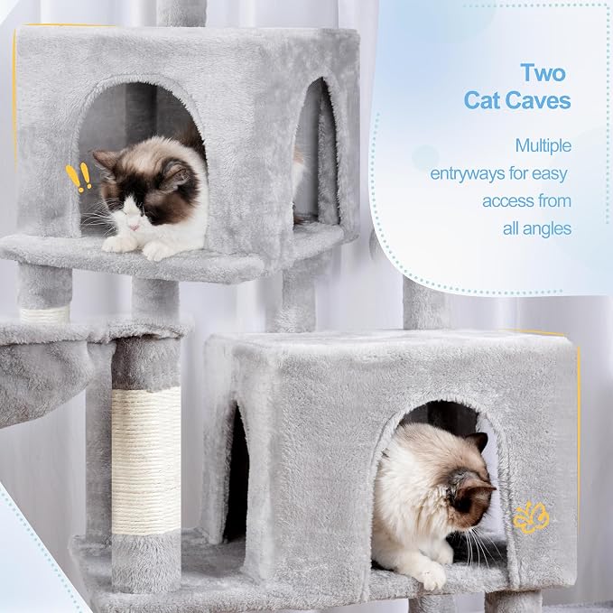 Hey-brother Cat Tree Tower with Stable Extended Base, 3 Platforms, MPJ038W | 70.9 Inches Multi-Level Sisal Scratching Posts, Wide Bed, 2 Cozy Condos, 2 Hammocks, Toy Balls for Indoor Cats, Light Gray