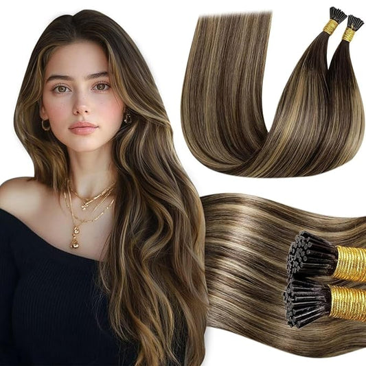 LaaVoo I Tip Hair Extension Real Human Hair Balayage Itip Hair Extensions Dark Brown to Caramel Brown I Tip Hair Extensions Cold Fusion 20inch 100g 100s