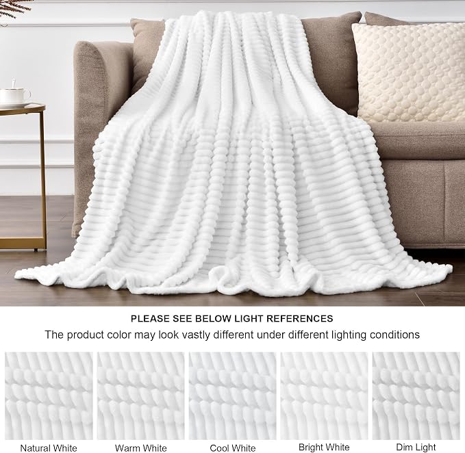 BEDELITE 3D Ribbed Jacquard White Fleece Twin Blanket for Bed, 60x80 Inch | Soft Warm Decorative Fluffy Blanket, Cozy Plush Lightweight Fuzzy Throw Blanket for Couch Sofa Room Decor, Gift for Women