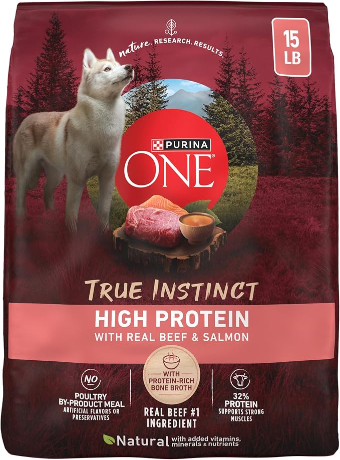 Purina ONE Natural, High Protein Dry Dog Food, SmartBlend True Instinct with Real Beef & Salmon, 15 LB | Nutrient dense, with 32% protein for strong muscles, natural with added vitamins, minerals and nutrients