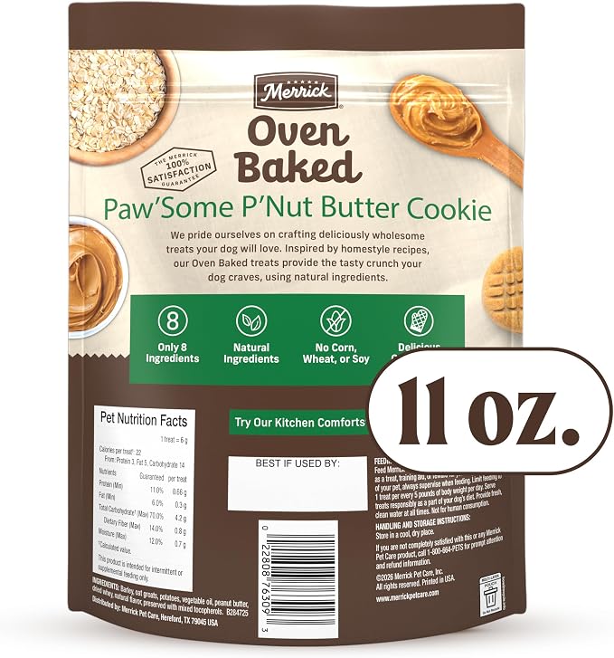 Merrick Oven Baked Dog Treats, Natural Cookies for Dogs, Paw’Some P’nut Butter Cookie with Real Peanut Butter