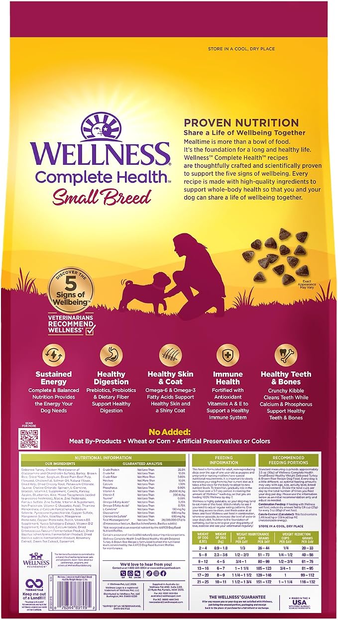 Wellness Complete Health Healthy Weight Small Breed Adult Dry Dog Food, Wholesome Grain Kibble, Natural, Turkey and Brown Rice Recipe, 12 lb Bag