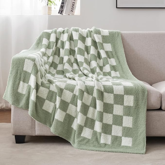 Snuggle Sac Checkered Throw Blanket for Couch, Super Soft, Cozy Warm Knit Blankets, Reversible Plaid Fluffy Throws for Sofa, Bed, Checkered Sage Green, 50x60 Inches