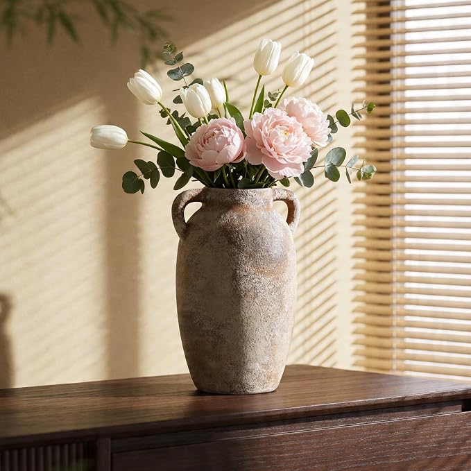 Ceramic Flower Vase, 9.8" Rustic Farmhouse Vase with Glazed Interior, Decorative Pottery Vase for Fresh Flowers, Eucalyptus, Dining Table Centerpiece, Entryway and Mantel Decor