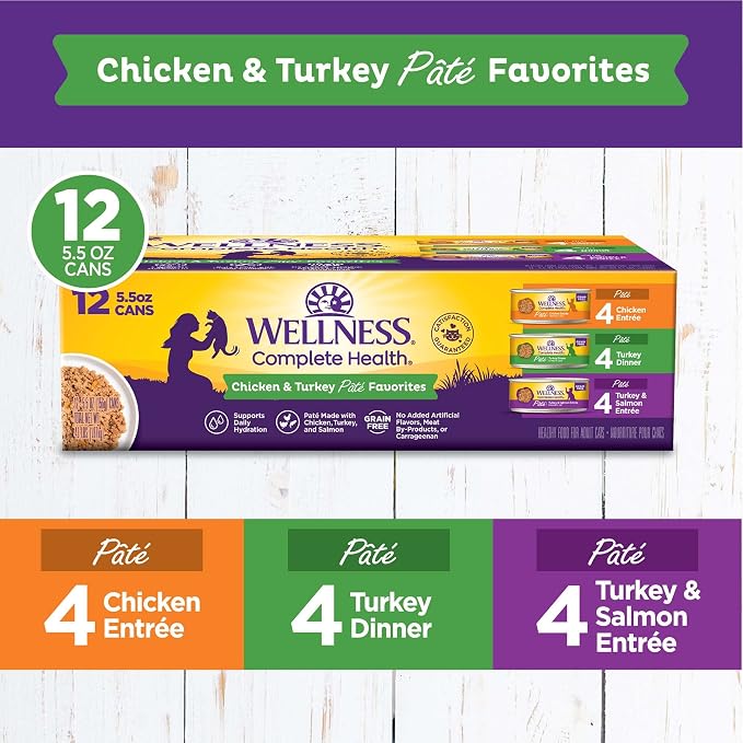 Wellness Complete Health Pate Variety Pack Adult Canned Wet Cat Food, Natural, Protein Rich, Grain Free, Chicken and Turkey Favorites, 5.5 oz, Pack of 12 Cans