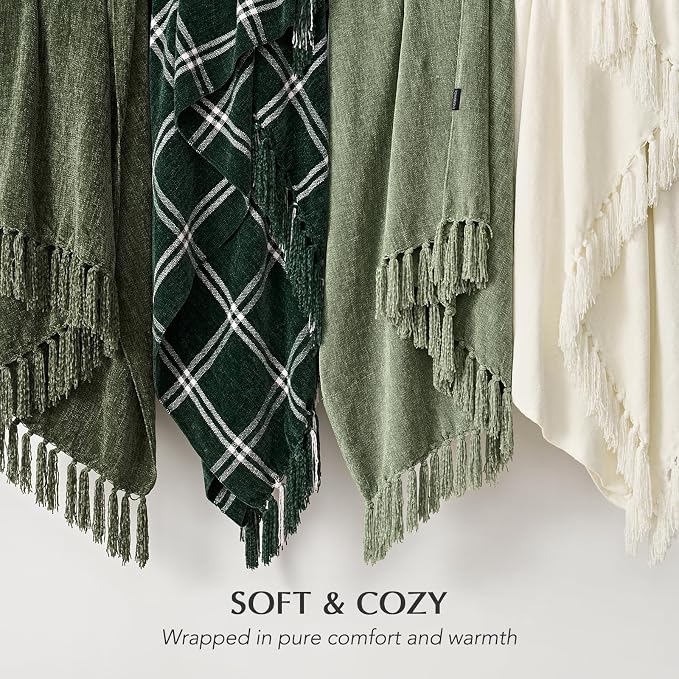 Chenille Knit Throw Blanket for Couch, 60"x80", Olive Green | Cozy Plush Fuzzy Knittd Throw with Tassels, Lightweight, Decorative, Farmhouse Decor, Ideal for Bed Sofa Gift, All Seasons