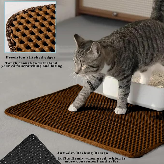HCY&WLD Cat Litter Mat, Double Layer Cat Litter Box Mat (35x24 Inch, Brown) | Waterproof Urine-Proof Non-Slip Litter Trapping Mat, Soft on Kitty Paws, Scratch-Resistant, Scatter Control, Easy to Clean