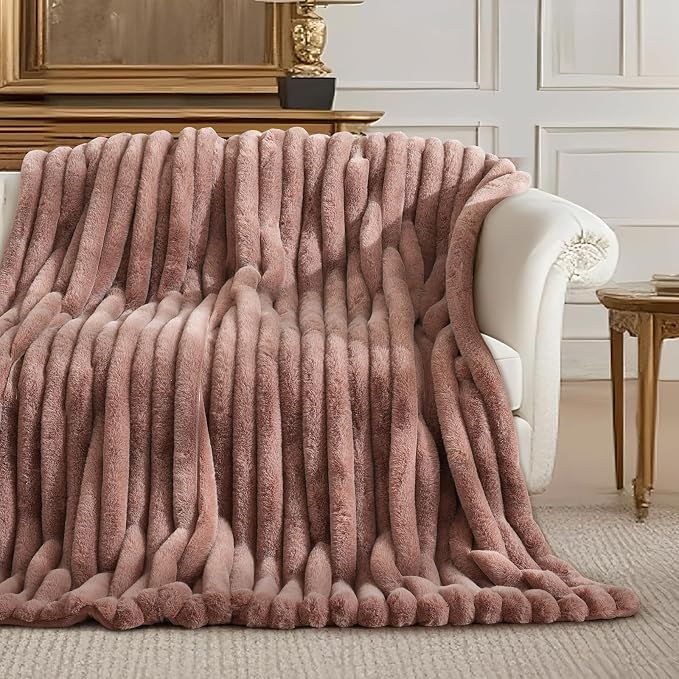 Faux Fur Throw Blanket for Couch, Ultra Cozy Fuzzy Fluffy Fur Luxurious Soft Striped Plush Gift Blankets for Family Sofa Chair Bedroom, 55"x70", Cationic Fox Pink Brown