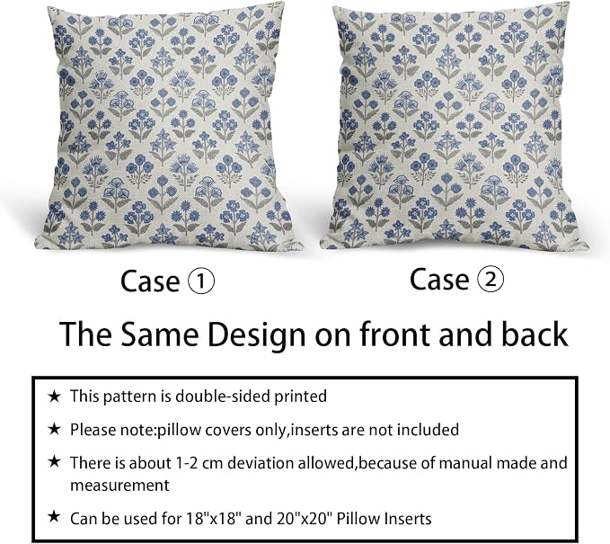 Blue Grey Gray Floral Block Print Pillow Covers 18x18 Inch Set of 2, Vintage Flower Pattern Decorative Throw Pillowcases Outdoor Farmhouse Cushion Covers Spring Summer Rustic Sofa Couch Bed Decor