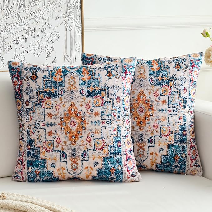 Boho Throw Pillow Covers 16x16 inch Set of 2,Boho Vintage Carpet Pattern Antique Ethnic Decor Double Sided Pattern Cushion Cover Soft Pillow Case Living Sofa Room Bed Square Pillow Cover