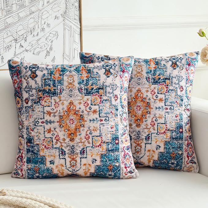 Boho Throw Pillow Covers 18x18 inch Set of 2,Boho Vintage Carpet Pattern Antique Ethnic Decor Double Sided Pattern Cushion Cover Soft Pillow Case Living Sofa Room Bed Square Pillow Cover