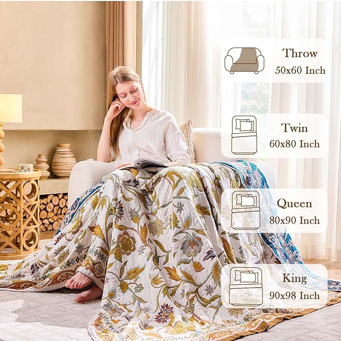 XIBLC Fall Throw Blanket for Couch, Brown Boho Decorative Throw Blanket, 100% Cotton Muslin Breathable Woven Farmhouse Blankets Quilt, 60"x80" Reversible Lightweight Blankets Bohemian Throw Quilt