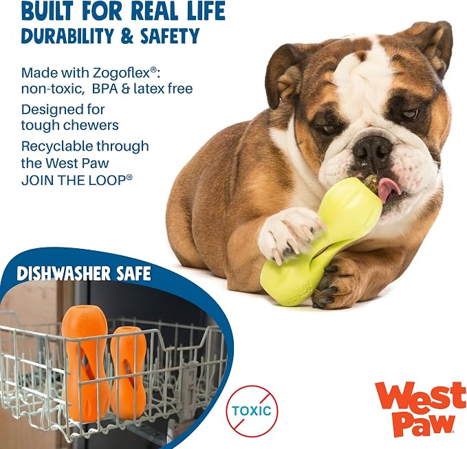 WEST PAW Qwizl Durable Zogoflex Dog Puzzle Toy for Mental Stimulation, and Enrichment - Treat Dispensing for Bully Sticks and Dental Sticks - Dishwasher Safe - Made in USA - Small - Granny Smith
