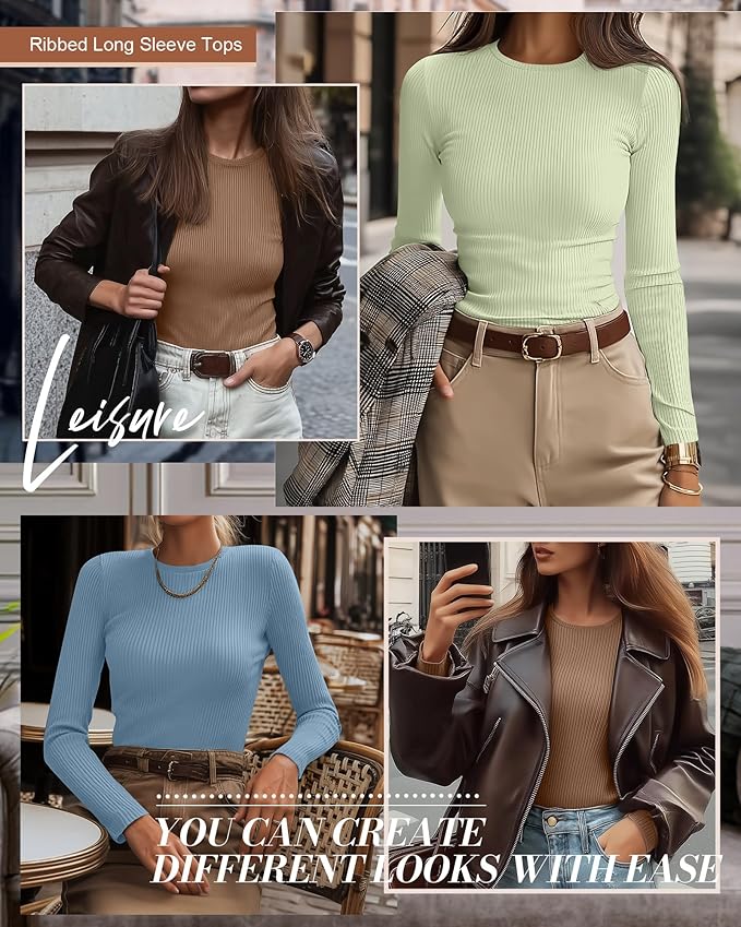 Ficerd 3 Pack Women's Ribbed Long Sleeve Tops, Crew Neck Slim Fit Undershirts Knit Basic Casual Stretch Layering Tee Shirts