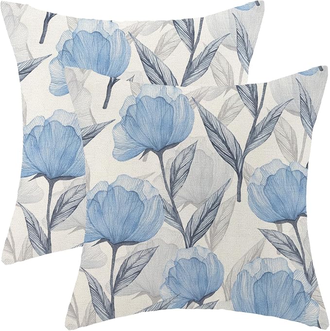 Floral Pillow Covers 18x18 Inches Set of 2,Watercolor Blue Flower Throw Pillow Covers Outdoor Spring Summer Flower Decoration Pillowcase Farmhouse Decorative Square Cushion Cover For Home Sofa