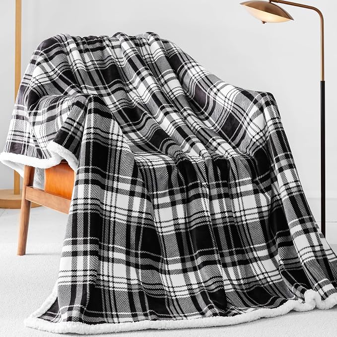 Sherpa Plaid Throw Blanket,Fleece Flannel Plush Twin Size Microfiber Blanket for Couch Bed Sofa,Fuzzy Fluffy Cozy Soft Blanket(60" X 70", Plaid Black)