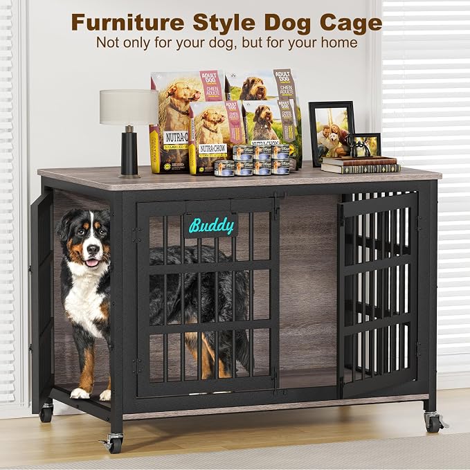 EasyCom 46"/42"/33" XXL Heavy Duty Dog Crate Furniture with Casters | Dog Kennel Indoor with Name Tag, Escape-Proof and Chew-Proof Dog Cage for Large High Anxiety Dog, as End Table