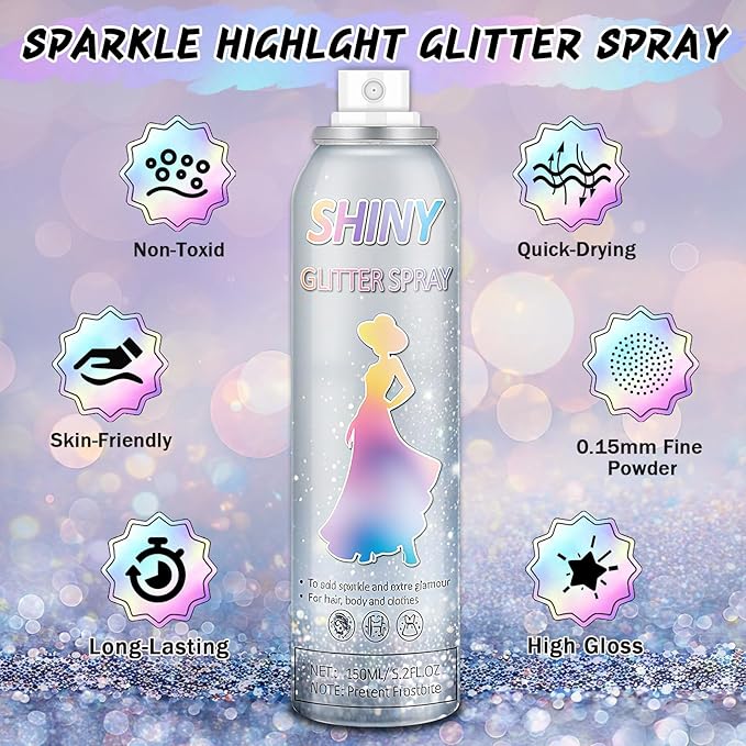 AWCCXMYM 150ML Body Glitter Spray Shiny Hair Glitter Long-Lasting and Quick-Drying Glitter Spray for Hair and Body Shimmer Glitter Hairsparay Halloween,Christmas,Festival Makeup Prom 5.2 Fl Oz