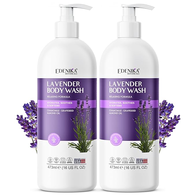 Edenika Lavender Body Wash with Vitamin E, Cleanses, Relaxes & Moisturizes, Stress Relief Shower Gel for Dry and Sensitive Skin, Women & Men, Organic & Natural, 16 fl oz, 2-Pack