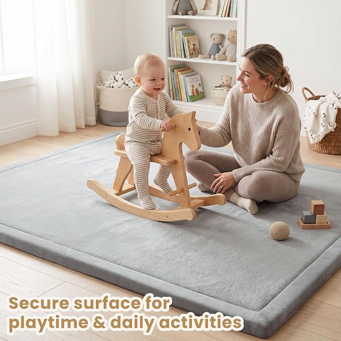 ACOMOPACK Baby Play Mat for Floor,1.3" Thick Elasti-Foam 59"×71" Non-Slip Water Repellent,Non-Toxic Playpen Mat for Infants Toddlers Kids, Ultra Soft Coral Velvet for Tummy Time Crawling（Light Grey）