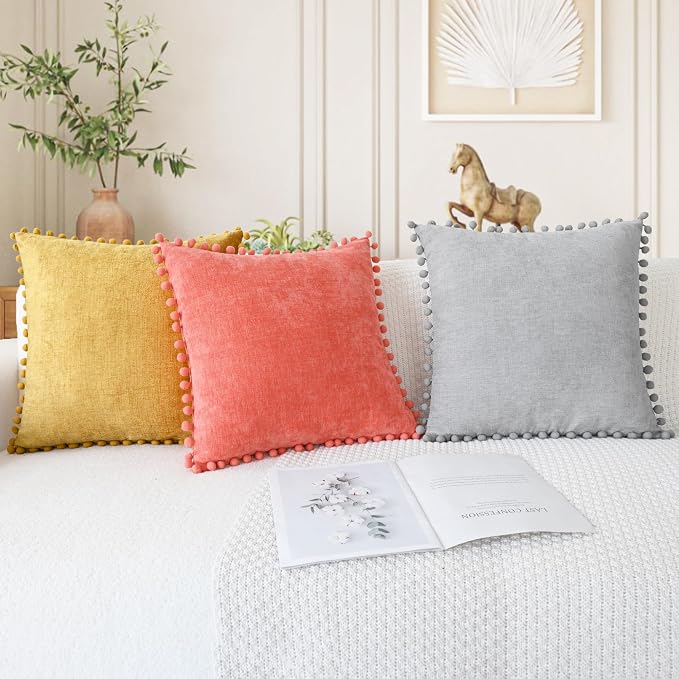 CaliTime Decorative Couch Throw Pillow Covers 22 X 22 Inches Moonbeam Gray | Pack of 2, Cozy Chenille Cushion Cases, with Pom Poms for Sofa Bed Living Room Farmhouse Home