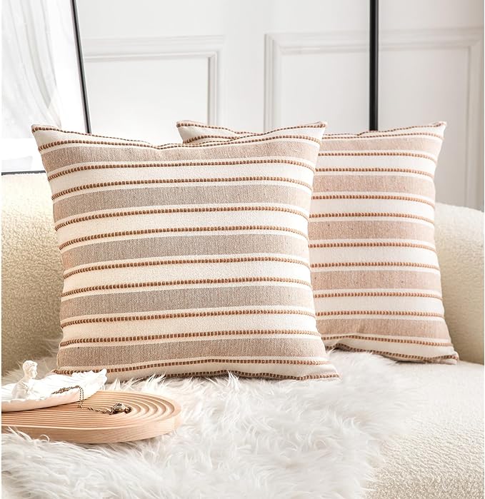 Cethom Decorative Boho Throw Pillow Covers, Farmhouse Textured Pillow Case, 18 x 18 Inch Set of 2, Chair Sofa Bedroom Living Room Home Decor Couch Cushion Case, Brown and Beige Striped