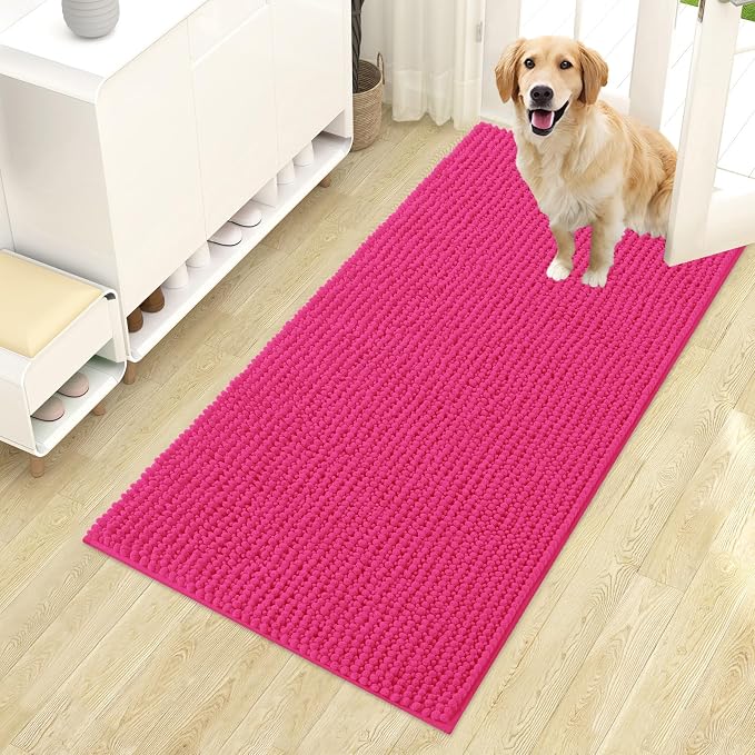 OLANLY Dog Door Mat for Muddy Paws 44x24, Extra Absorbent Chenille Mud Mat | Hot Pink, Absorbs Moisture and Dirt, Non-Slip Machine Washable Doormat, Quick-Drying Indoor Entryway Floor Mat for Dogs
