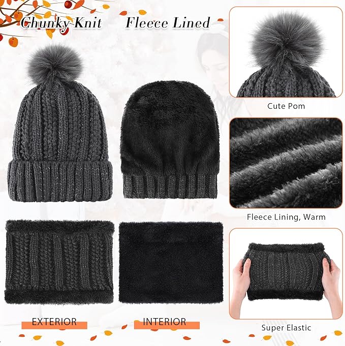 SATINIOR 5 Pcs Winter Hat Scarf Gloves Set Fleece Warm Lined Knit Beanie Hat Touch Screen Earmuff Gloves Warmer for Women(Dark Grey,Classic Style)