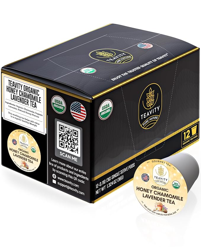Organic Chamomile and Lavender Tea Pods for Keurig - Decaf Herbal Tea for Keurig K Cups - Honey Chamomile Lavender by Teavity (12 Tea Pods)