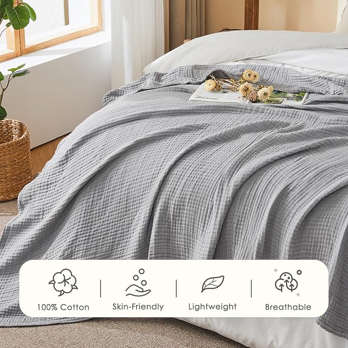 EMME Cotton Muslin Large Throw Blanket Couch Breathable Gauze Soft Lightweight Bed Blankets Adults (Heather Grey, 50"x70")
