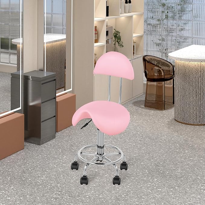 Saddle Chair Rolling Ergonomic Swivel Chair with Soft Comfortable Cushion and Wheels Hydraulic Adjustable Stool for Home Office Dental Tattoo Salon Shop Use with Backrest (Pinksilver)