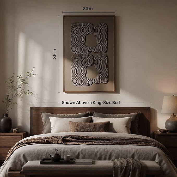 Thalasse Abstract Wall Art Large Framed 3D Oatmeal Beige 24x36 In | Wabi Sabi sandstone relief artwork, solid Catalpa wood frame, minimalist hallway entryway decor, 1 piece